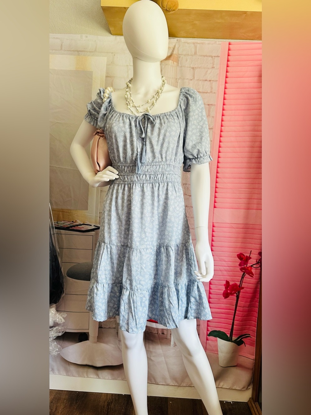 indulge Light Blue Floral Smocked Waist Off-Shoulder Dress